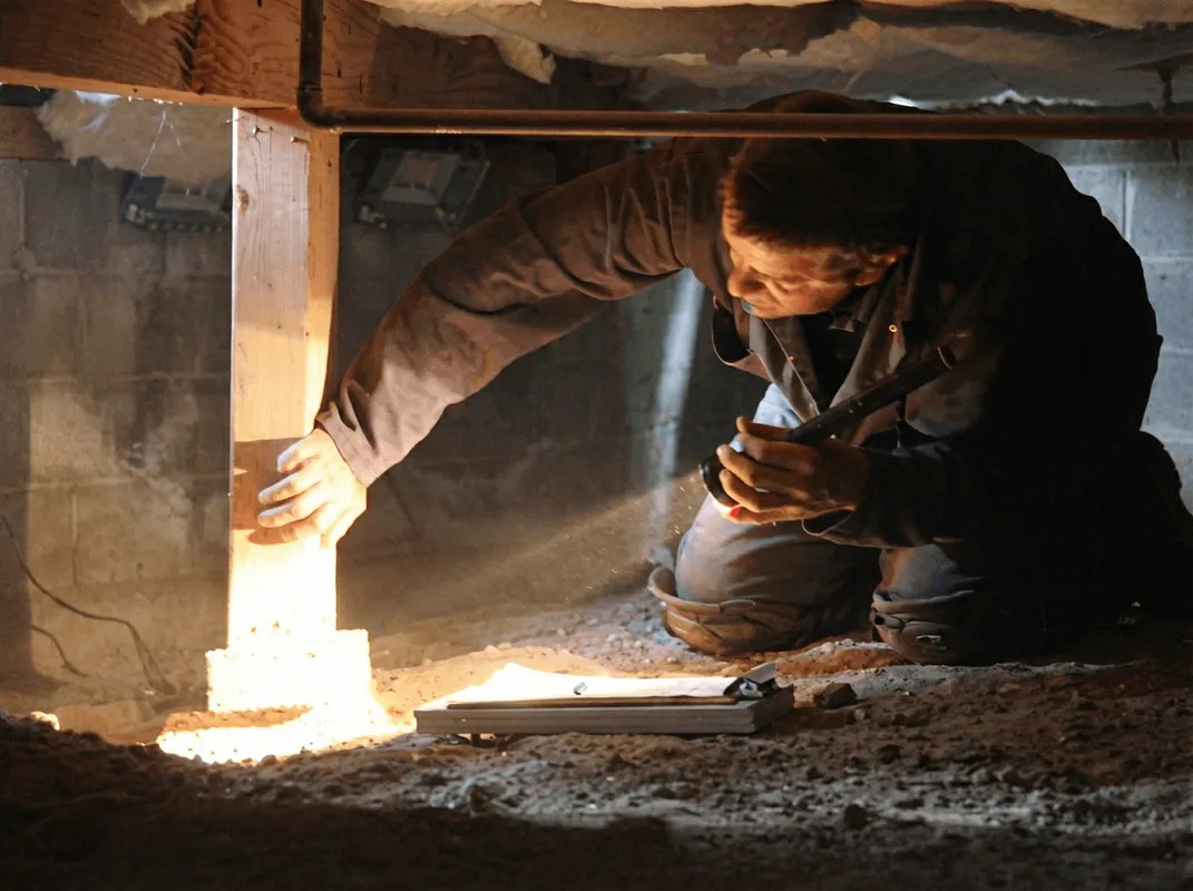 A professional inspecting wooden beams under the floor of a structure in Jackson, MS